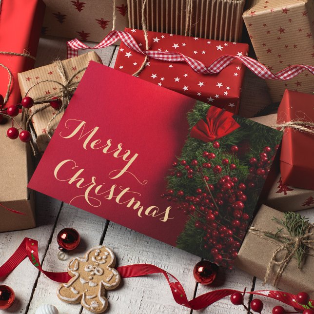 Cartão De Agradecimento Elegante Red & Dourado Script Feliz Natal Negócios (Criador carregado)