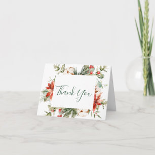 Cartão De Agradecimento Elegante Red Poinsettia Pine Fir Watercolor Obriga