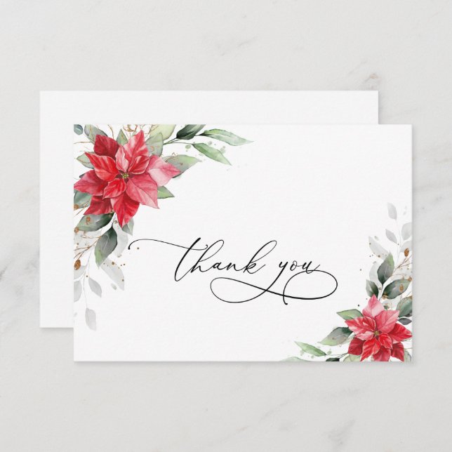 Cartão De Agradecimento Elegante Red Poinsettia Winter Greenery Watercolor (Frente/Verso)