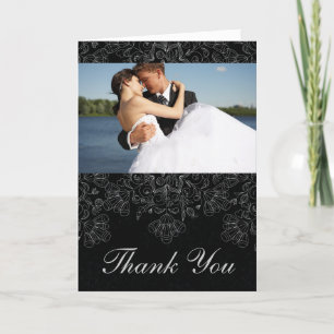 Cartão De Agradecimento Elegante redemoinho floral preto foto de casamento