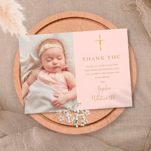 Cartão De Agradecimento Elegante Rosa Bege Baptismo Foto em Dourado