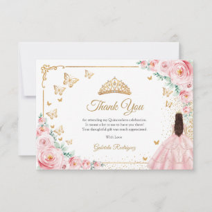 Cartão De Agradecimento Elegante Rosa Chic Rosas Douradas Quinceanera