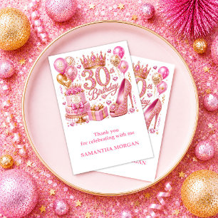 Cartão De Agradecimento Elegante Rosa Dourado Brilho 30º Aniversário Obrig