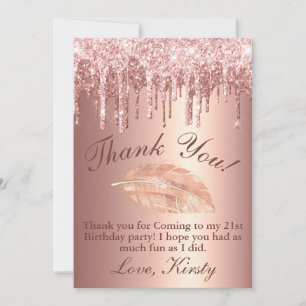 Cartão De Agradecimento Elegante Rosa Dourado Gotejante Glitter Aniversári