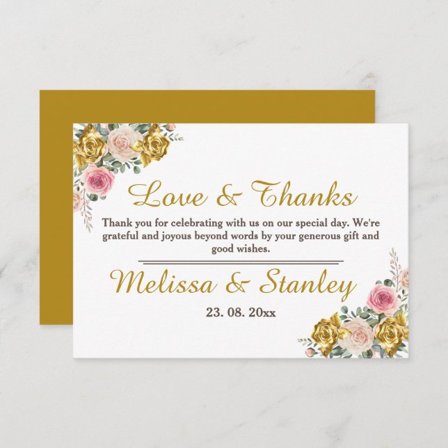 Cartão De Agradecimento Elegante Rosa, Rosa Dourado Casamento Floral Eucal (Frente/Verso)
