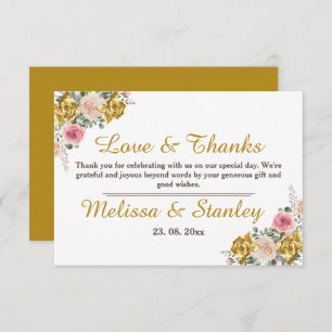 Cartão De Agradecimento Elegante Rosa, Rosa Dourado Casamento Floral Eucal