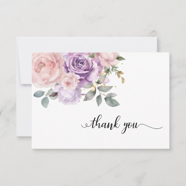 Cartão De Agradecimento Elegante Rosa Roxo Floral Simpatia Obrigado (Frente)