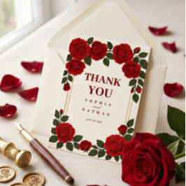 Cartão De Agradecimento Elegante Rosa Vermelha e Moldura Dourada Agradecim