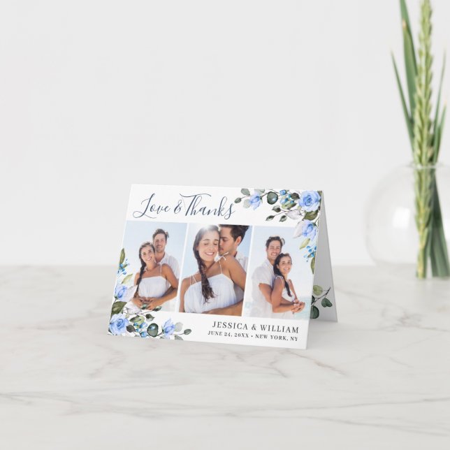 Cartão De Agradecimento Elegante Rosas Azuis Eucalyptus Dusty Simples 3 FO (Frente)