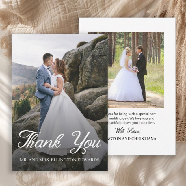 Cartão De Agradecimento Elegante Roteiro de Casamento Obrigado 2 Foto (Elegant script 2-photo (front and back) wedding Thank You card)