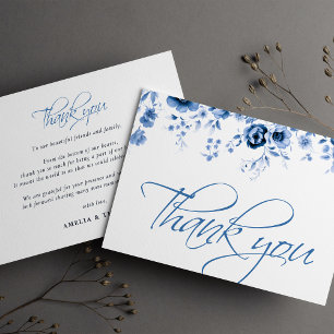 Cartão De Agradecimento Elegante Roteiro Floral Toile Azul Francês Casamen