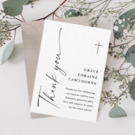 Cartão De Agradecimento Elegante Roteiro Moderno Branco Batismo