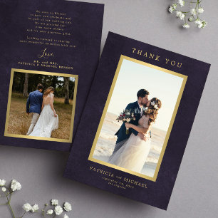 Cartão De Agradecimento Elegante roxo escuro dourado foto casamento