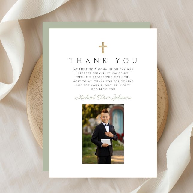 Cartão De Agradecimento Elegante Sage Green Photo Boy First Communing (Elegant Sage Green Photo Boy First Communion Thank You Card)