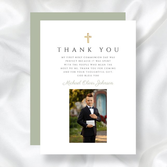 Cartão De Agradecimento Elegante Sage Green Photo Boy First Communing (Elegant Sage Green Photo Boy First Communion Thank You Card)