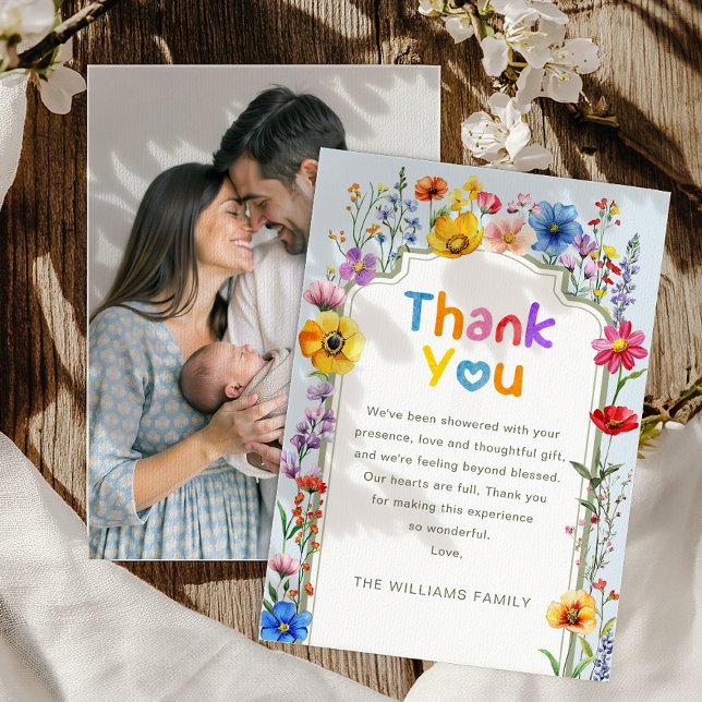 Cartão De Agradecimento Elegante Sage Green Wildflower Photo Obrigado (Thank you card)