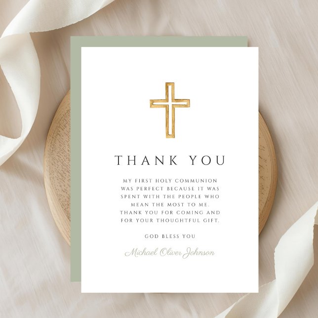 Cartão De Agradecimento Elegante Sage Religiosa Verde Primeira Comunhão (Elegant Sage Green Religious Cross First Communion Thank You Card)