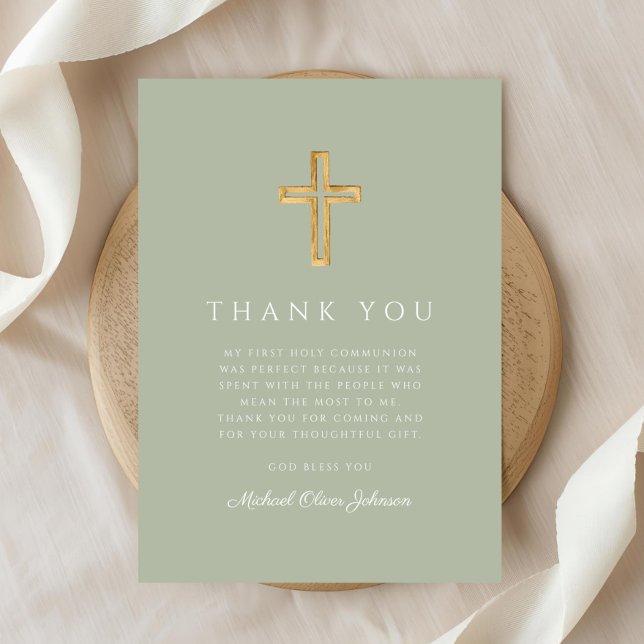 Cartão De Agradecimento Elegante Sage Religiosa Verde Primeira Comunhão (Elegant Sage Green Religious Cross First Communion Thank You Card)