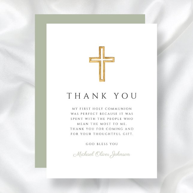 Cartão De Agradecimento Elegante Sage Religiosa Verde Primeira Comunhão (Elegant Sage Green Religious Cross First Communion Thank You Card)
