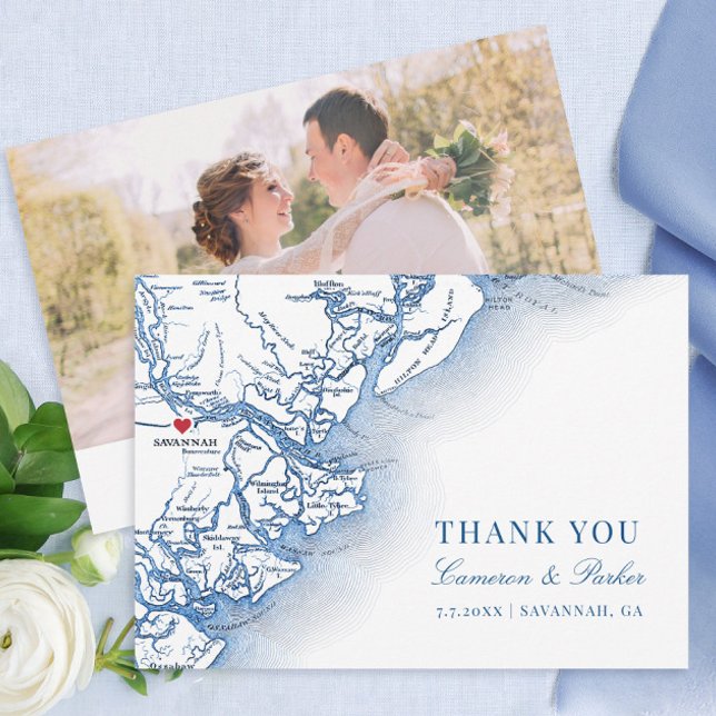 Cartão De Agradecimento Elegante Savannah Georgia Wedding Photo Flat (Elegant Savannah Georgia Wedding Photo thank you cards with navy blue map from Coastal Map Designs)