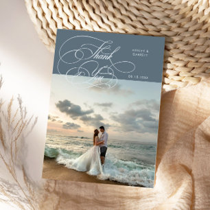 Cartão De Agradecimento Elegante Script Casamento Foto Ardósia Azul