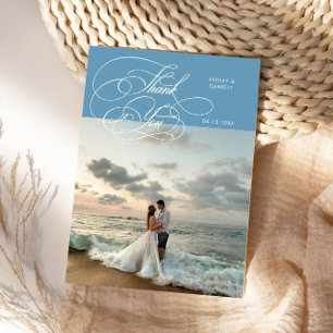 Cartão De Agradecimento Elegante Script Casamento Foto Denim Azul
