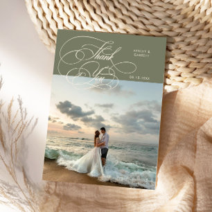 Cartão De Agradecimento Elegante Script Casamento Foto Verde Sage