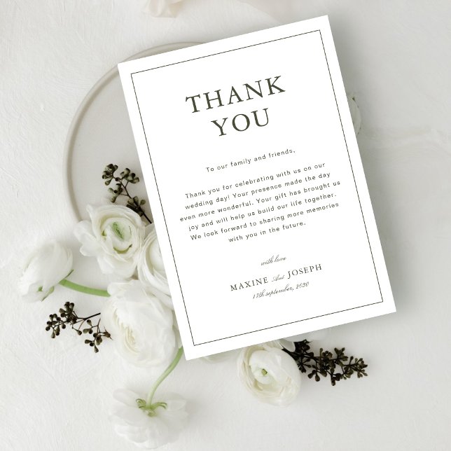 Cartão De Agradecimento Elegante Script Clássico de Casamento em Verde Poe (Elegant dusty green thank you cards express heartfelt gratitude with classic style and charm.)
