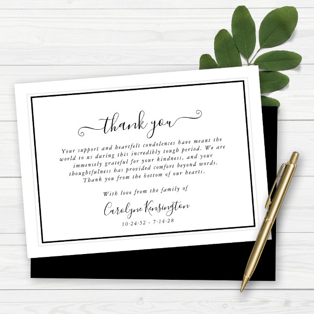 Cartão De Agradecimento Elegante Simpatia Branca e Preta Obrigado (Elegant Black and White Sympathy Thank You Card)