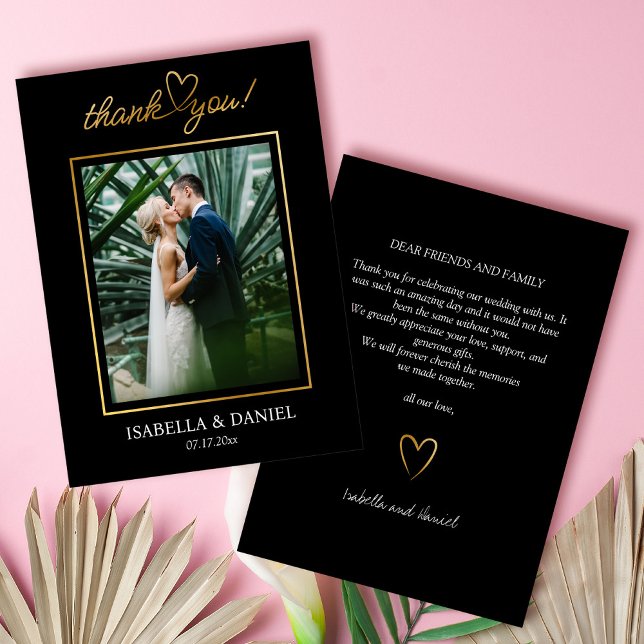 Cartão De Agradecimento Elegante Simples Chic Script Love with Heart Wedin (Elegant Simple Chic Script Love with Heart Black Wedding Thank You Card)