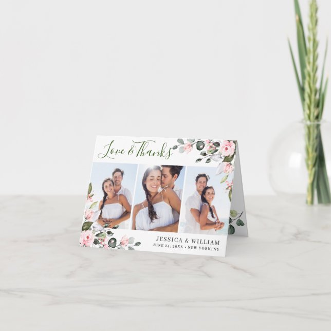 Cartão De Agradecimento Elegante Simples Eucalyptus Blush Roses Rosa 3 FOT (Frente)