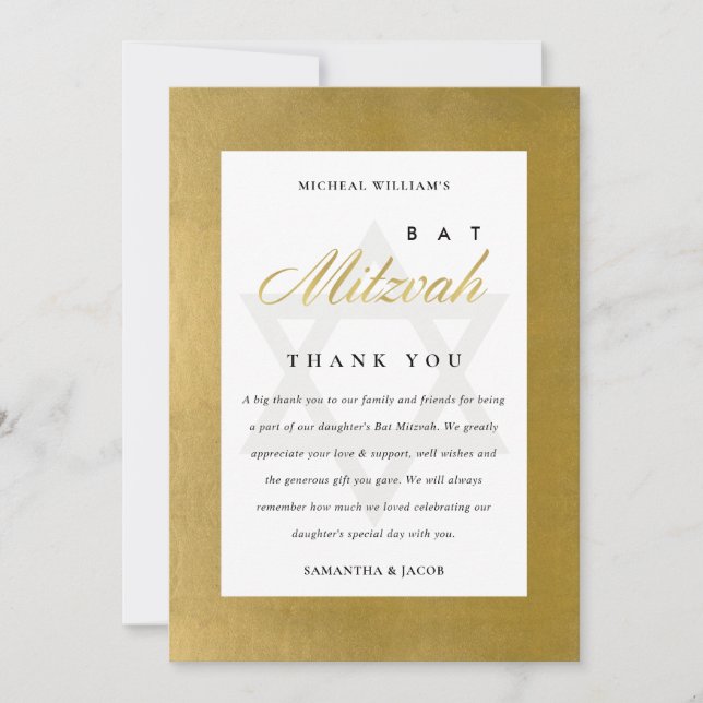 CARTÃO DE AGRADECIMENTO ELEGANTE SIMPLES FAUX DOURADO MITZVAH (Frente)