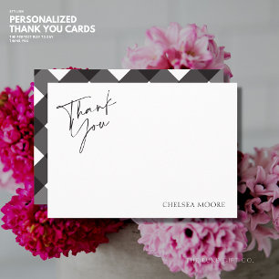 Cartão De Agradecimento Elegante Simples Xadrez Preto e Branco Chic