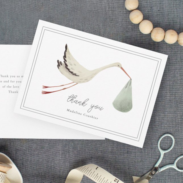 Cartão De Agradecimento Elegante Stork Gênero Chá de fraldas neutro (Elegant hand painted stork sage gender neutral baby shower thank you cards.)