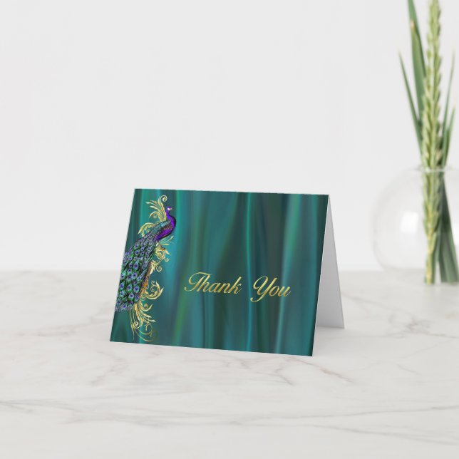 Cartão De Agradecimento Elegante Teal Satin e Casamento Peacock Obrigado (Frente)
