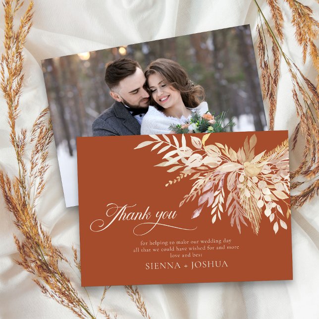 Cartão De Agradecimento Elegante Terracotta Cream Foliage Duet Foto (Elegant terracotta Wedding photo thank you card - Foliage Duet Wedding Collection)
