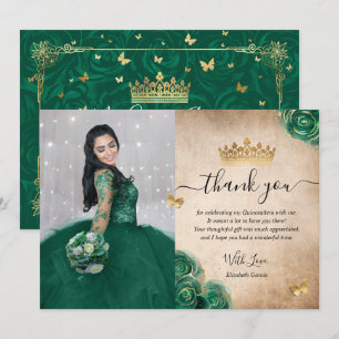 Cartão De Agradecimento Elegante Verde e Dourado Foto de Aniversário de Qu