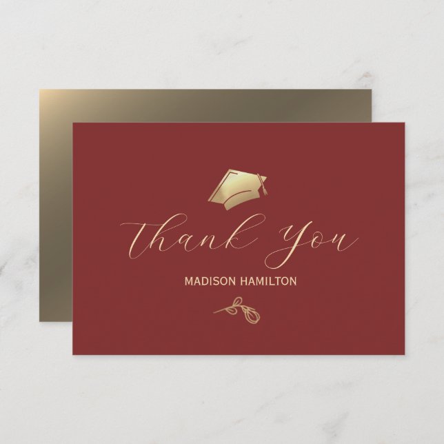 Cartão De Agradecimento Elegante Vermelho Profundo e Festa de formatura Do (Frente/Verso)