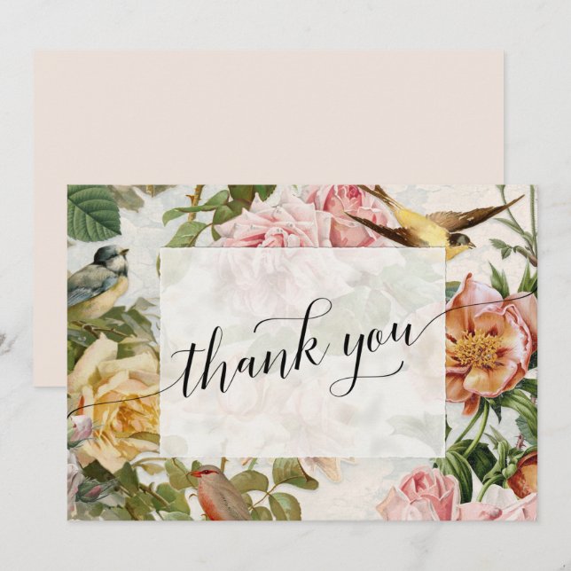 Cartão De Agradecimento Elegante Vintage Floral Rosas Cor-de-Rosa Escrito  (Frente/Verso)