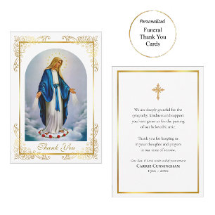 Cartão De Agradecimento Elegante Virgem Maria de Quadro Dourado Rosa Funer