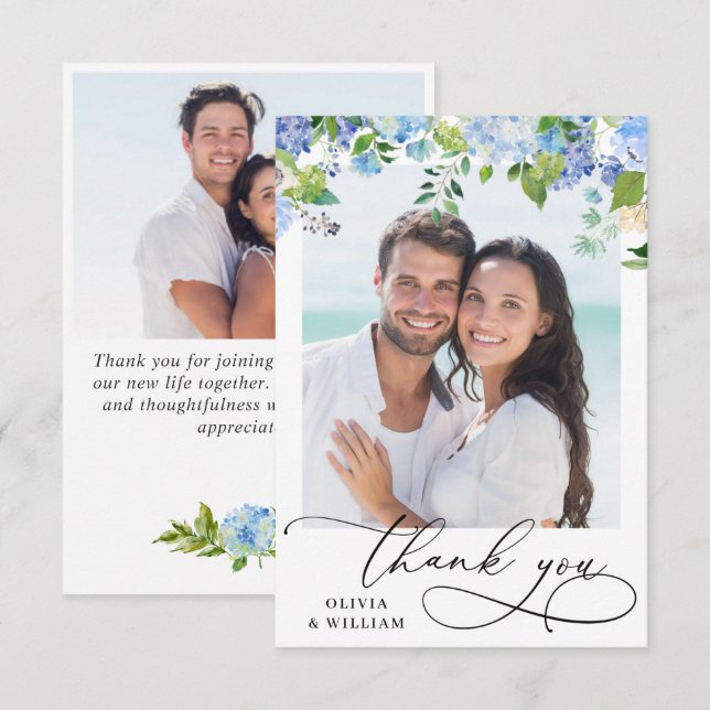 Cartão De Agradecimento Elegante Watercolor Blue Hydrangea 2 Foto (Frente/Verso)