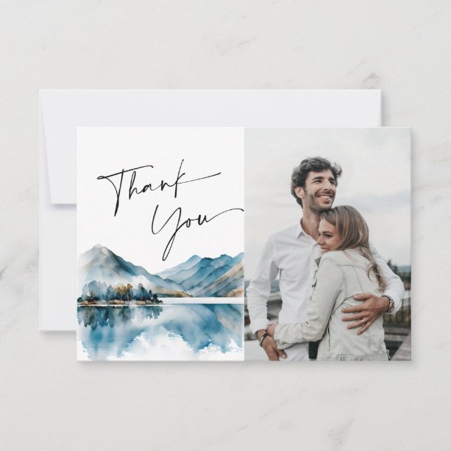 Cartão De Agradecimento Elegante Watercolor Mountain Wedding Photo (Frente)