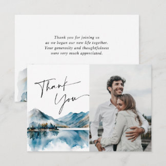 Cartão De Agradecimento Elegante Watercolor Mountain Wedding Photo