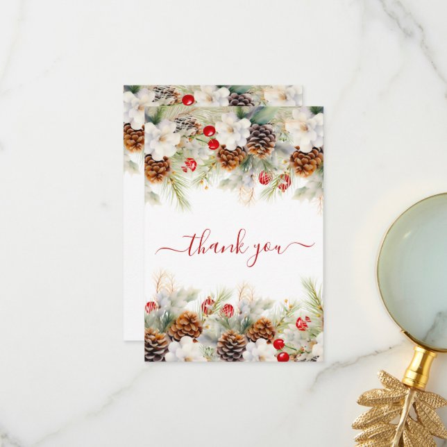 Cartão De Agradecimento Elegante Winter Evergreen Chá de fraldas Watercolo (Frente/Verso In Situ)