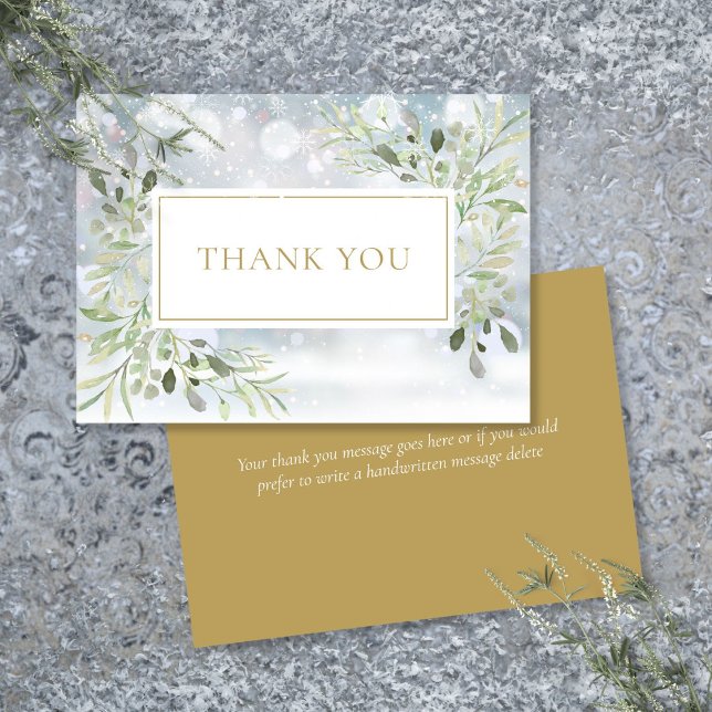 Cartão De Agradecimento Elegante Winter Snowflakes Greenery Dourado (Elegant Winter Snowflakes Greenery Gold Thank You Card)