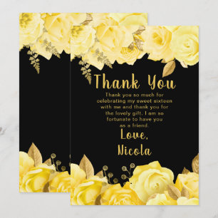 Cartão De Agradecimento Elegantes Flores Amarelas e Douradas Sweet Sixteen