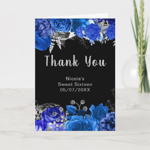 Cartão De Agradecimento Elegantes Flores Azuis e Prateadas Sweet Sixteen