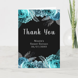 Cartão De Agradecimento Elegantes Flores Azul Turquesa e Prata Sweet Sixte