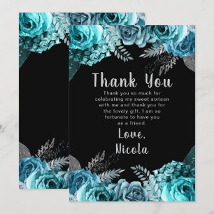 Cartão De Agradecimento Elegantes Flores Azul Turquesa e Prata Sweet Sixte