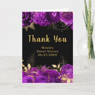 Cartão De Agradecimento Elegantes Flores Roxas e Douradas Sweet Sixteen